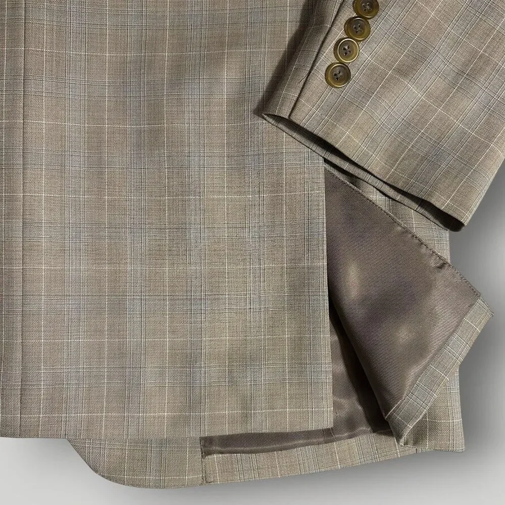 PRONTO UOMO Mens Blazer Sport Coat Two Button Jacket Tan/Blue Plaid 44R Wool